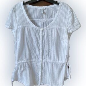 H&M linen white summer button down shirt top with tie cinch waist | LG